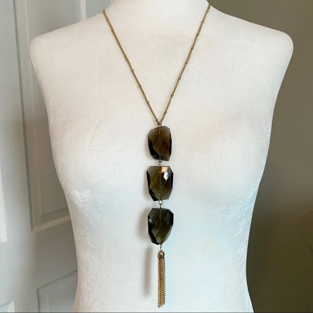 Gold and Grey Crystal & Tassel Statement Necklace